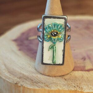 BLUE DELIAH RING:  Handmade jewelry- clay and resin statement ring. Blue flower.